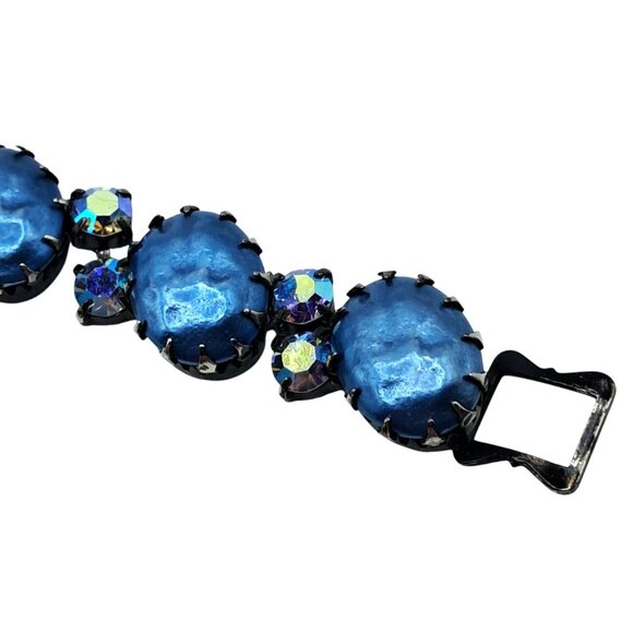 Vintage Regency Rhinestone Bracelet Blue Aurora Borealis Baroque Pearl Unsigned - Picture 9 of 14